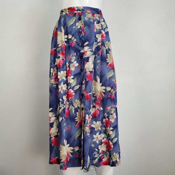 Vintage 80s Alfred Dunner Blue Floral Button Front Midi Skirt - Picture 1 of 7